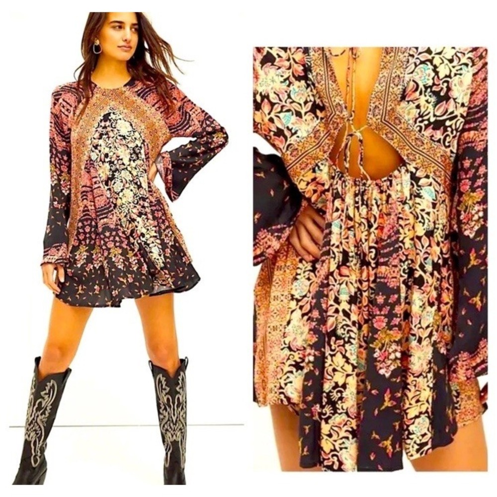 Free People Stevie Dress Floral Boho Festival Printed Mini Tunic Bell Sleeves XS